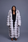 Women's Destiny Long Length Fox Fur Trench Coat With Hood [Arctic]