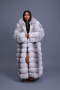 Women's Destiny Long Length Fox Fur Trench Coat With Hood [Arctic]