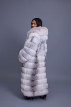 Women's Destiny Long Length Fox Fur Trench Coat With Hood [Arctic]