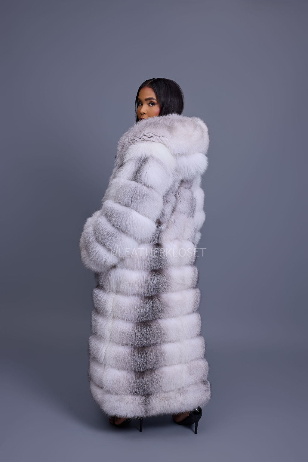 Women's Destiny Long Length Fox Fur Trench Coat With Hood [Arctic]