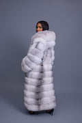 Women's Destiny Long Length Fox Fur Trench Coat With Hood [Arctic]