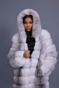 Women's Destiny Long Length Fox Fur Trench Coat With Hood [Arctic]