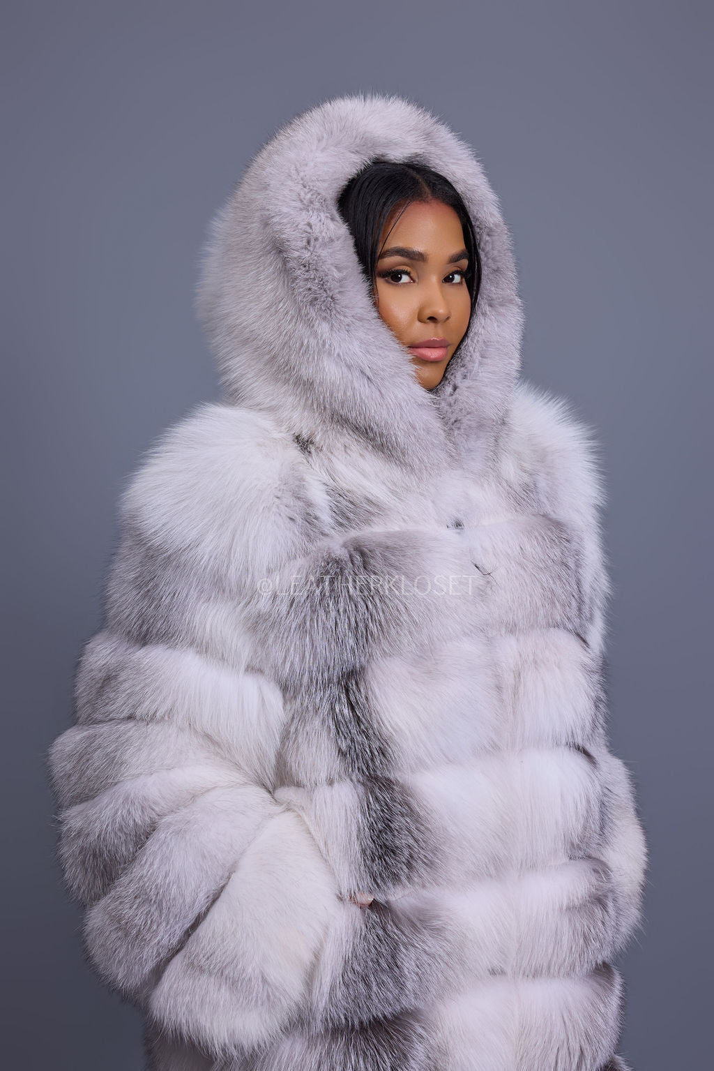 Women's Destiny Long Length Fox Fur Trench Coat With Hood [Arctic]