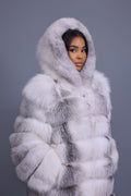 Women's Destiny Long Length Fox Fur Trench Coat With Hood [Arctic]