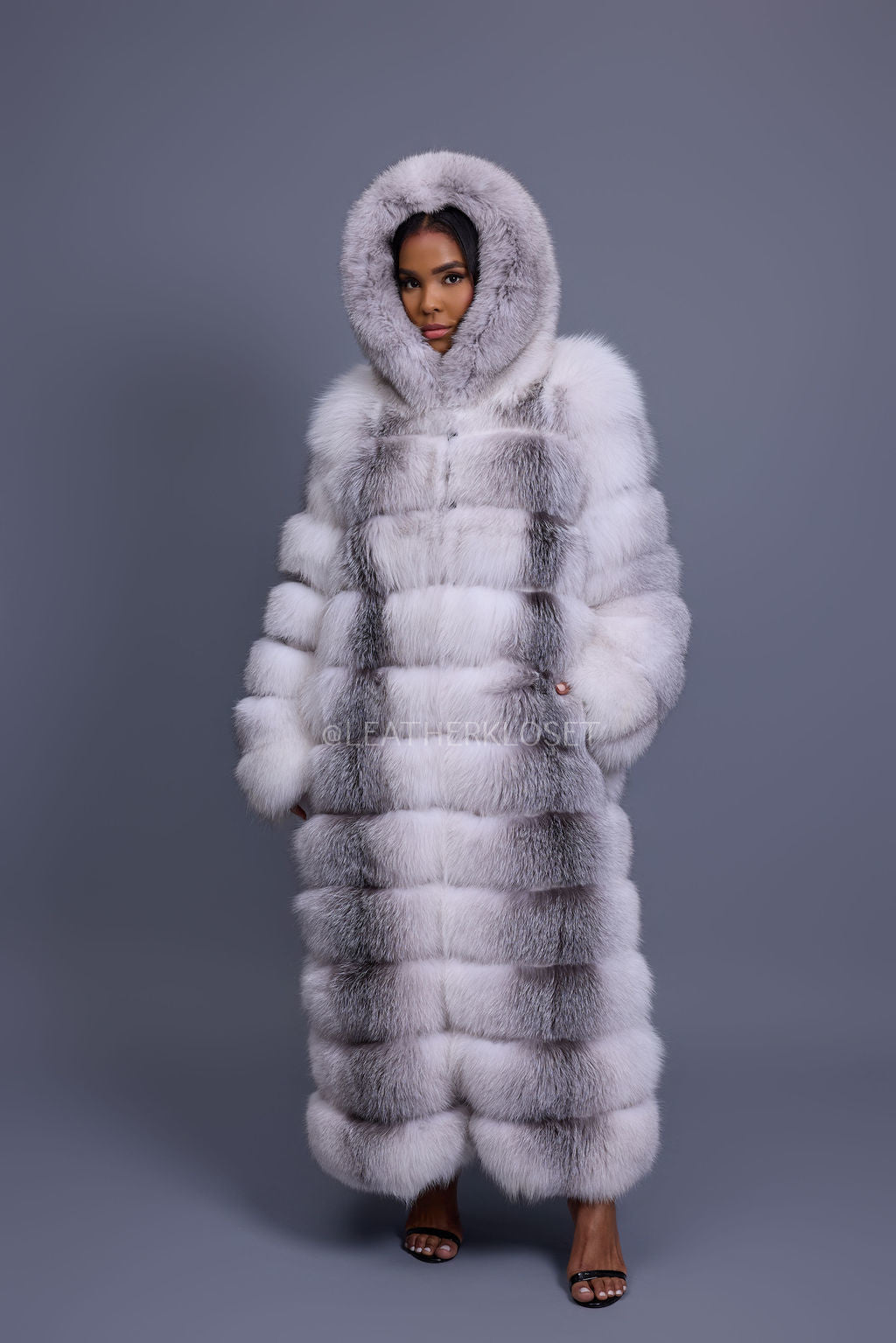 Women's Destiny Long Length Fox Fur Trench Coat With Hood [Arctic]