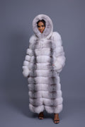 Women's Destiny Long Length Fox Fur Trench Coat With Hood [Arctic]