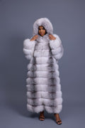 Women's Destiny Long Length Fox Fur Trench Coat With Hood [Arctic]