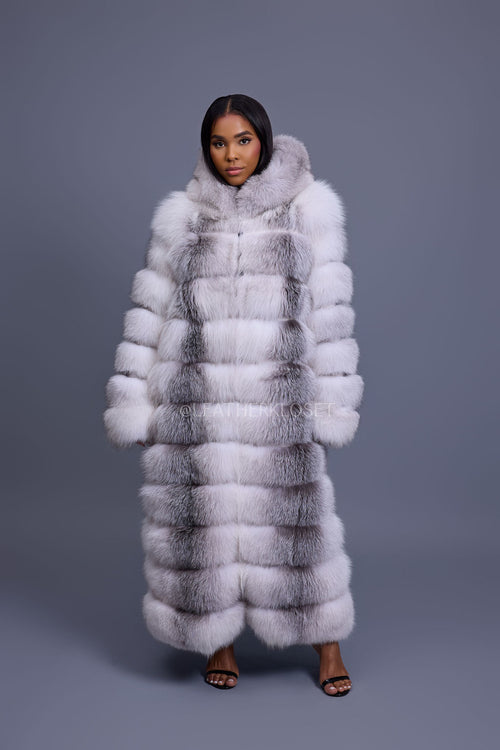 Women's Destiny Long Length Fox Fur Trench Coat With Hood [Arctic]
