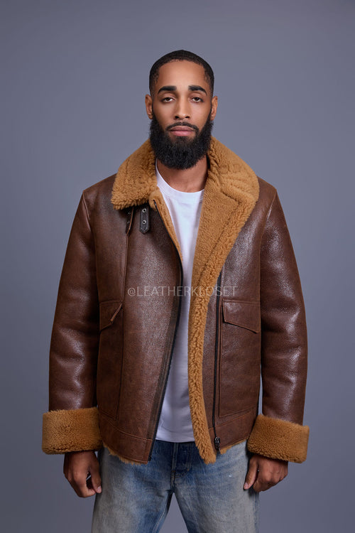 Men's Shearling Pilot Biker Jacket [Ginger Brown]