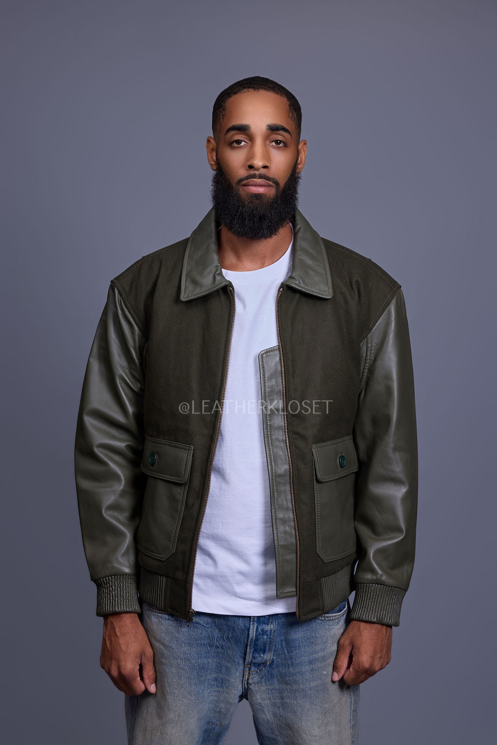 Men's Wool And Leather Pilot Jacket [Olive]