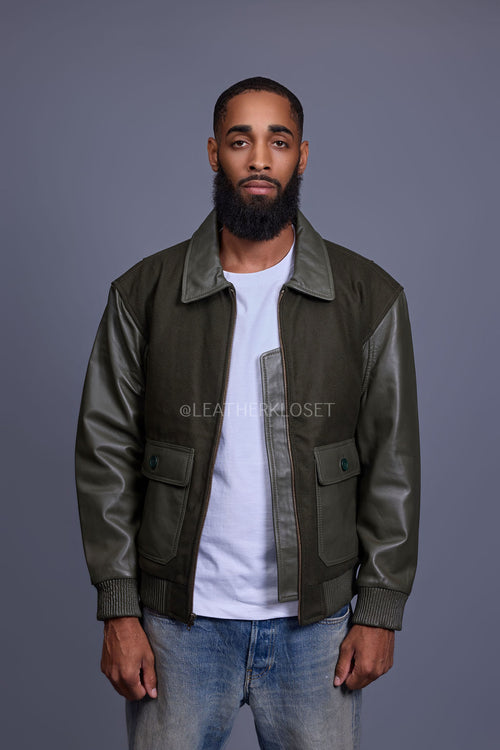 Men's Wool And Leather Pilot Jacket [Olive]
