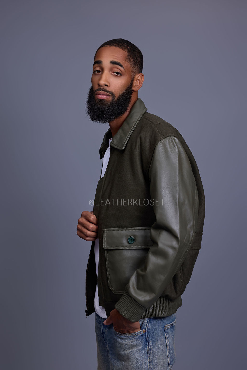 Men's Wool And Leather Pilot Jacket [Olive]