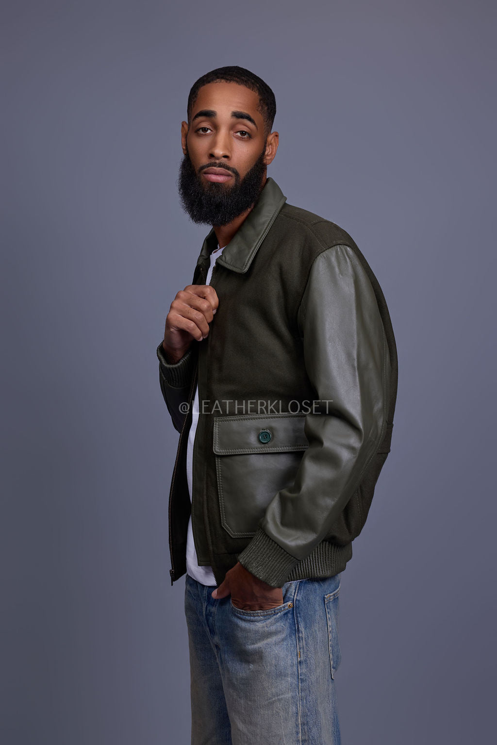 Men's Wool And Leather Pilot Jacket [Olive]