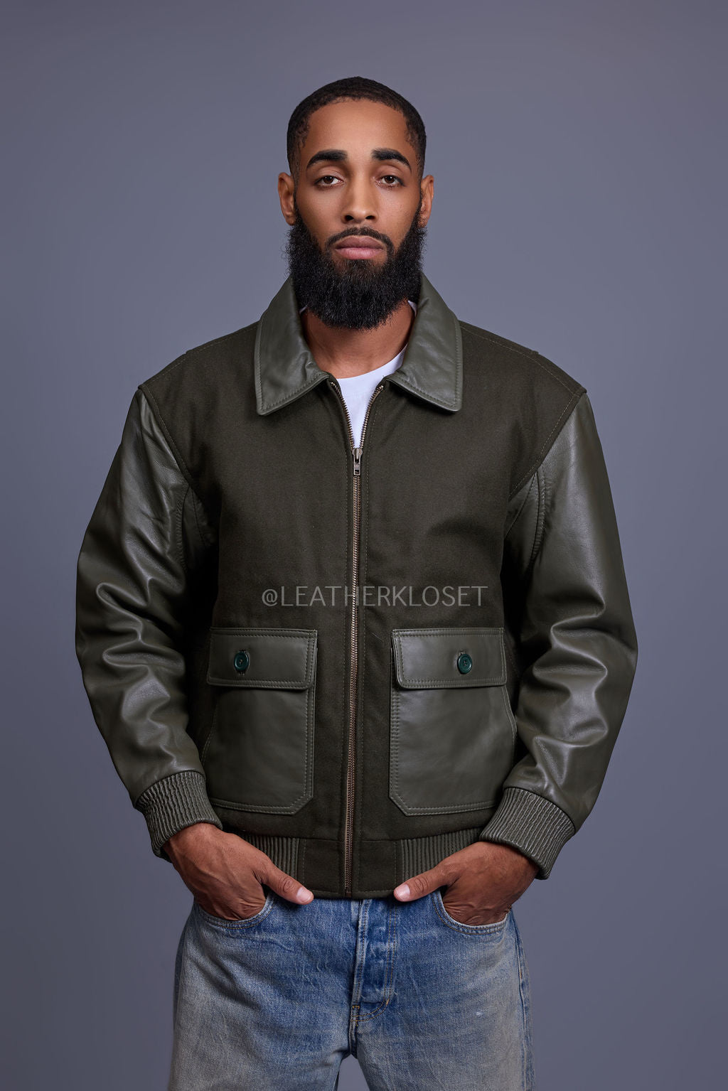 Men's Wool And Leather Pilot Jacket [Olive]
