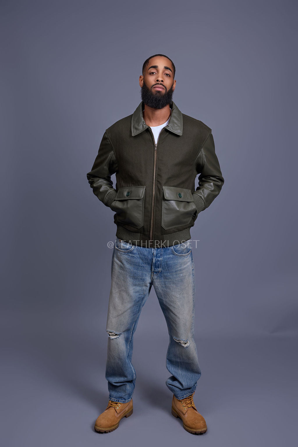 Men's Wool And Leather Pilot Jacket [Olive]