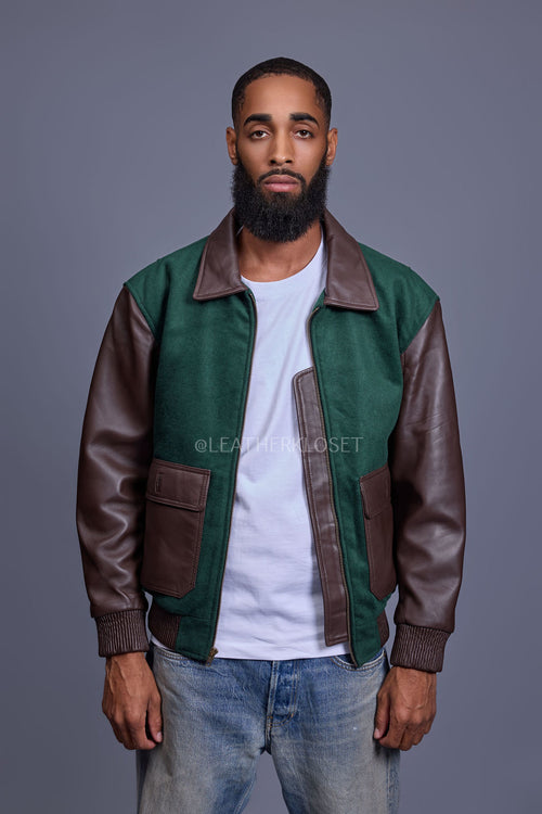 Men's Wool And Leather Pilot Jacket [Beef/Broccoli]