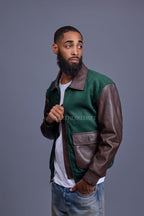 Men's Wool And Leather Pilot Jacket [Beef/Broccoli]