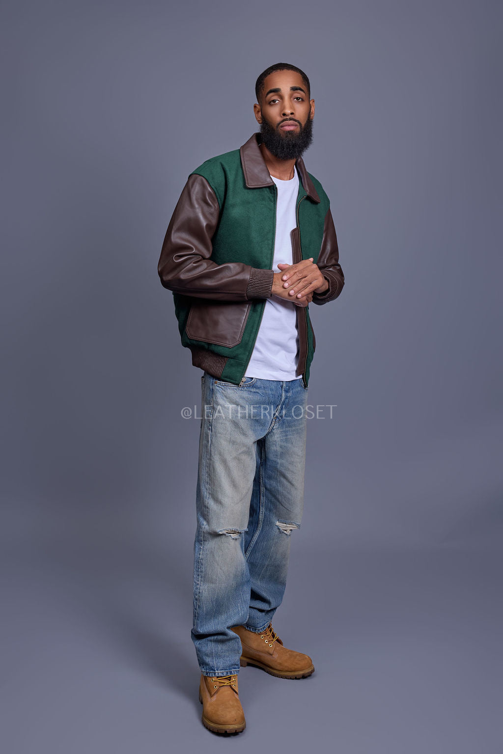 Men's Wool And Leather Pilot Jacket [Beef/Broccoli]