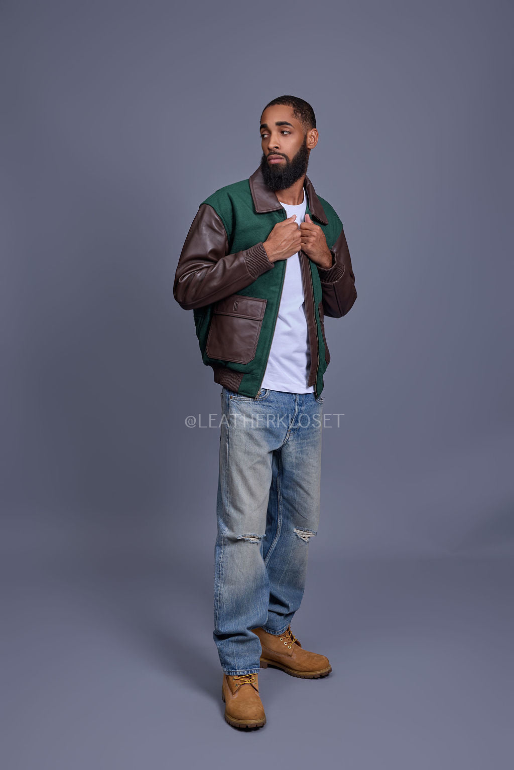 Men's Wool And Leather Pilot Jacket [Beef/Broccoli]