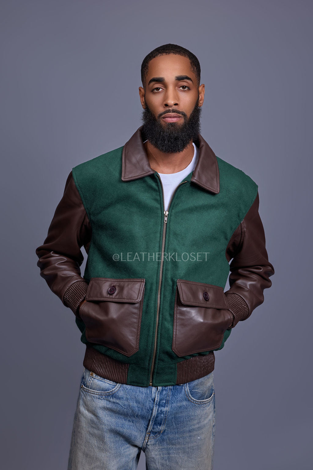 Men's Wool And Leather Pilot Jacket [Beef/Broccoli]