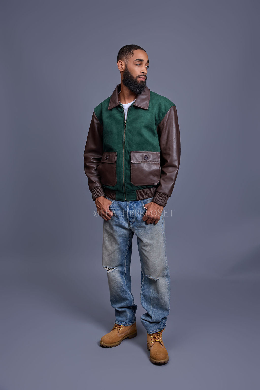 Men's Wool And Leather Pilot Jacket [Beef/Broccoli]
