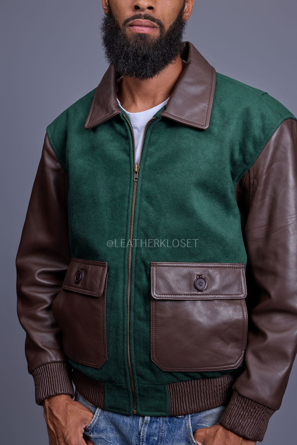Men's Wool And Leather Pilot Jacket [Beef/Broccoli]