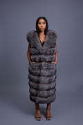 Women's Pippa Long Fox Fur Vest With Hood [Silver]