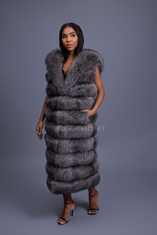 Women's Pippa Long Fox Fur Vest With Hood [Silver]