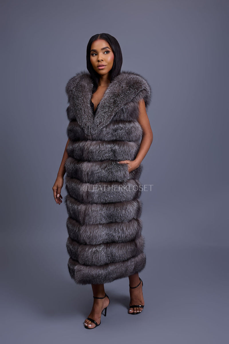 Women's Pippa Long Fox Fur Vest With Hood [Silver]