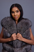 Women's Pippa Long Fox Fur Vest With Hood [Silver]