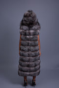 Women's Pippa Long Fox Fur Vest With Hood [Silver]