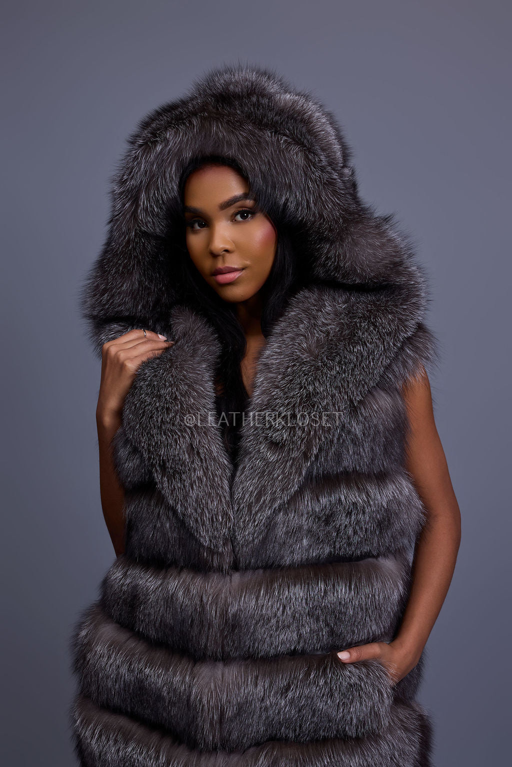 Women's Pippa Long Fox Fur Vest With Hood [Silver]