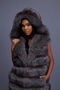 Women's Pippa Long Fox Fur Vest With Hood [Silver]