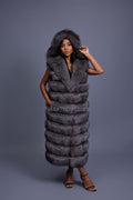 Women's Pippa Long Fox Fur Vest With Hood [Silver]