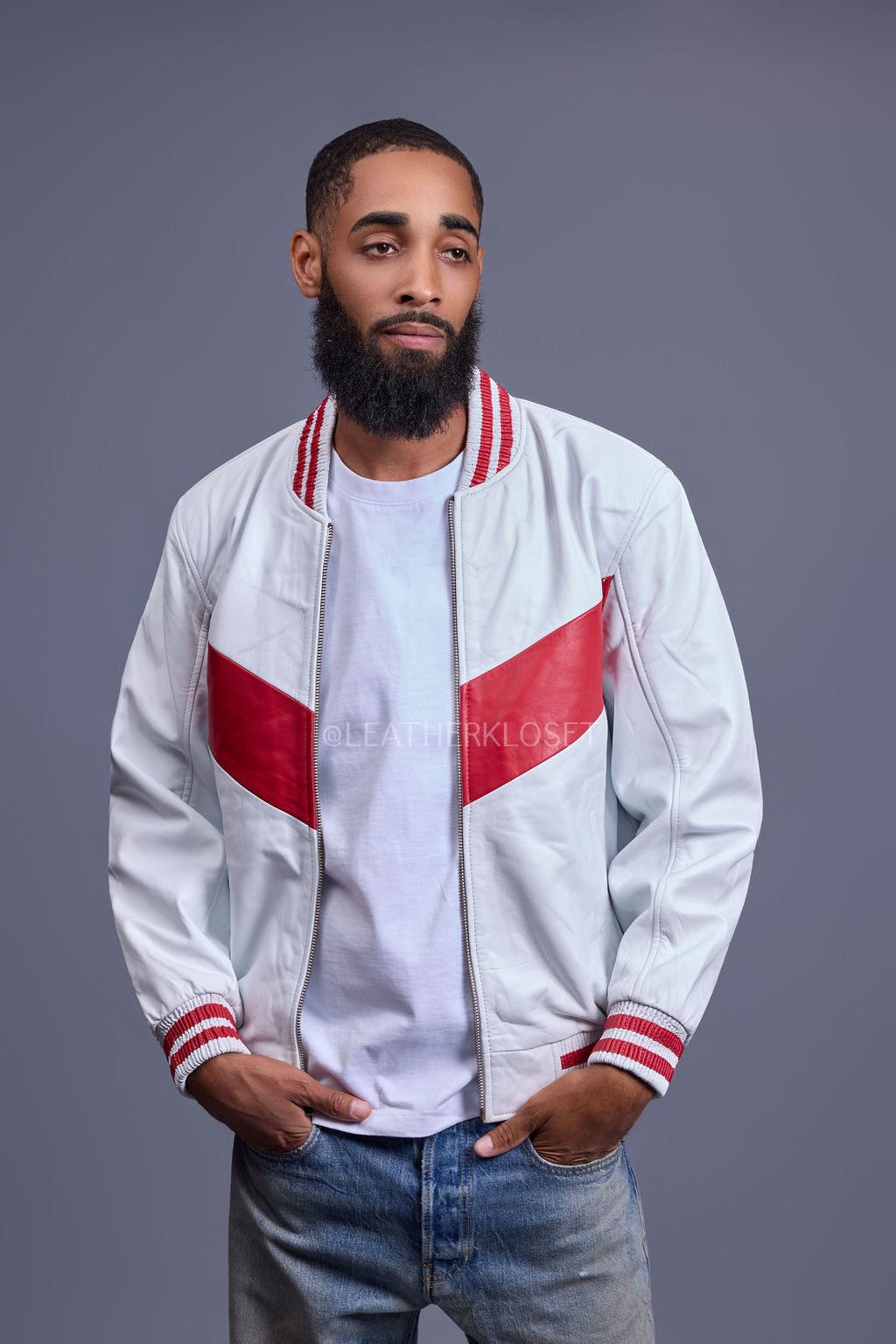 Men's V-Bomber Baseball Jacket [White/Red]