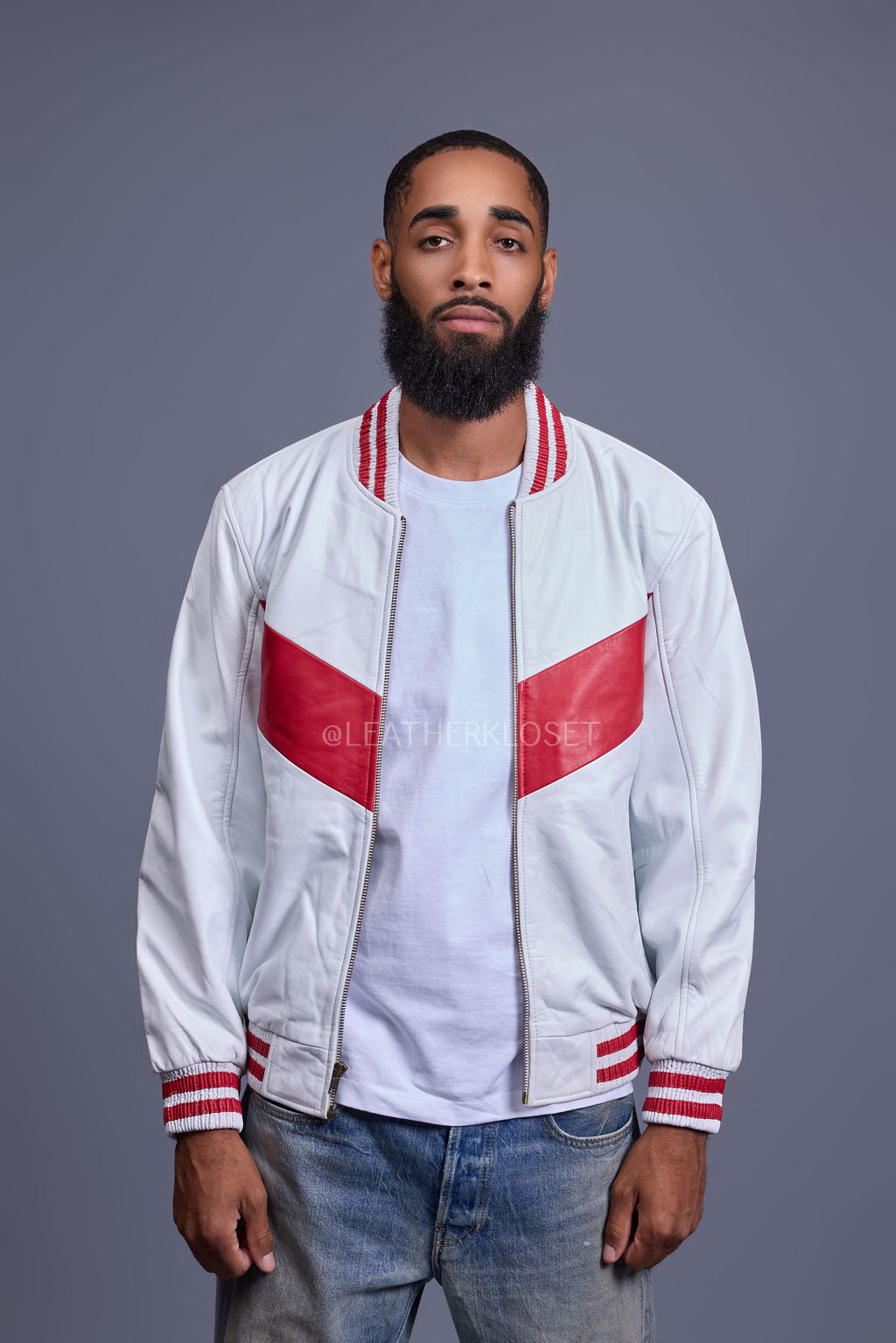 Men's V-Bomber Baseball Jacket [White/Red]