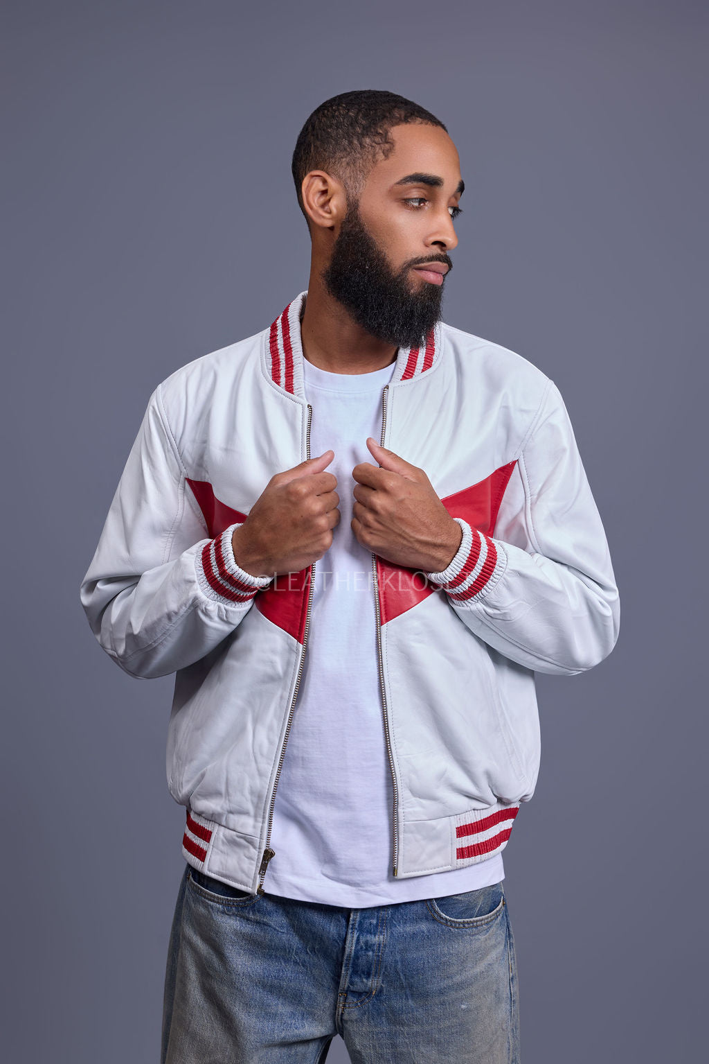 Men's V-Bomber Baseball Jacket [White/Red]
