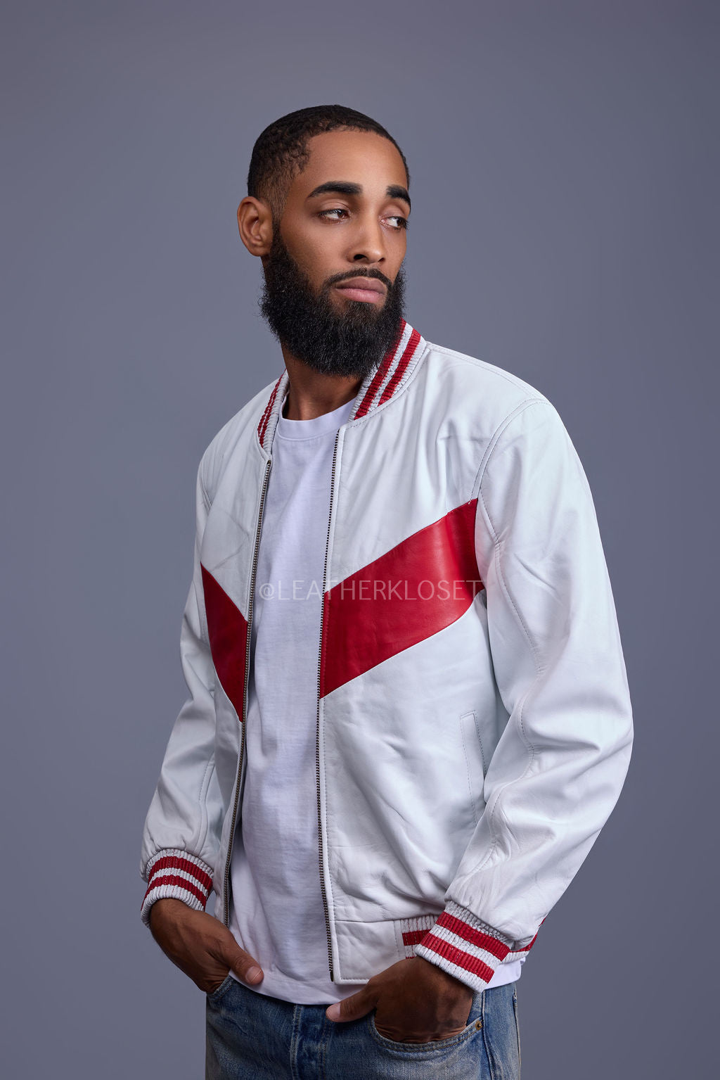 Men's V-Bomber Baseball Jacket [White/Red]