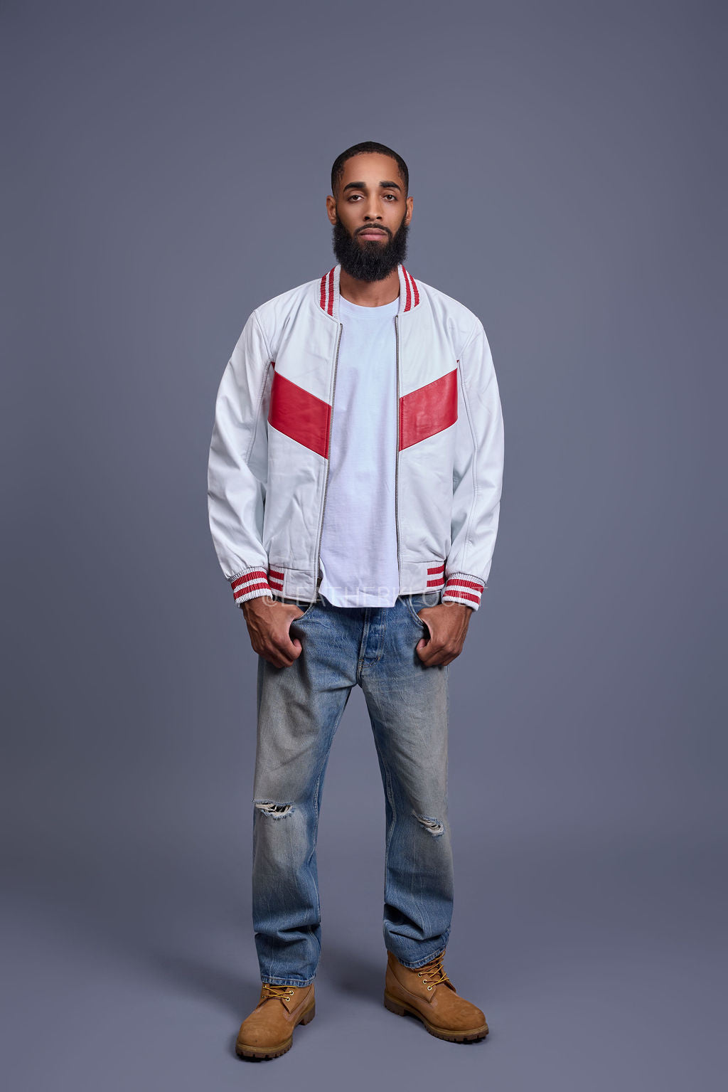 Men's V-Bomber Baseball Jacket [White/Red]