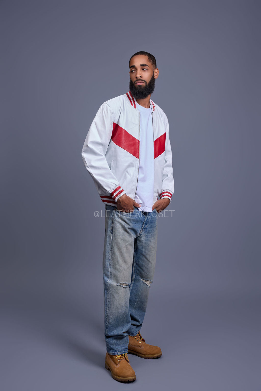 Men's V-Bomber Baseball Jacket [White/Red]