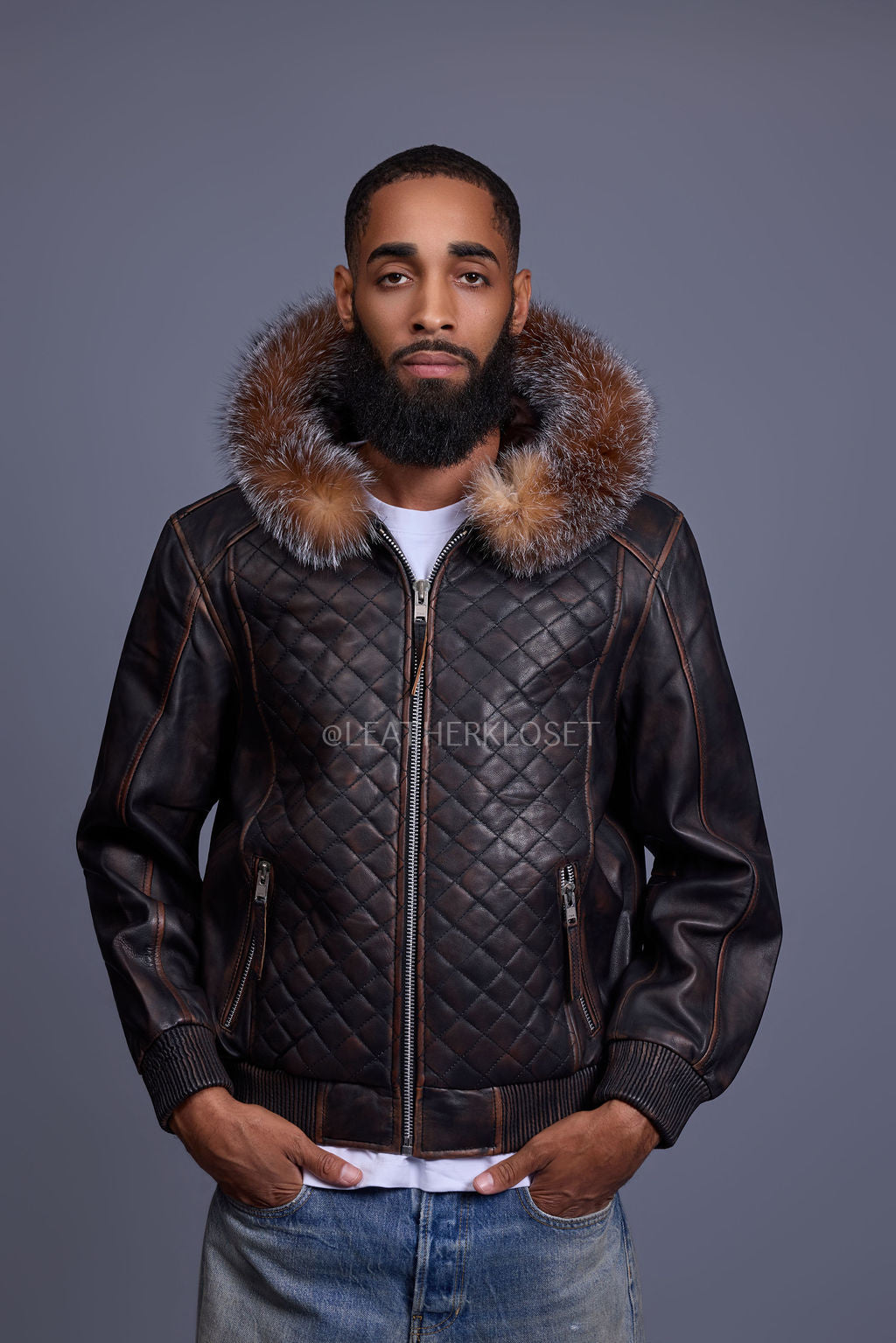 Men's Lucas Quilted Leather Bomber Jacket Hood [Copper/Crystal]