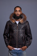 Men's Lucas Quilted Leather Bomber Jacket Hood [Copper/Crystal]