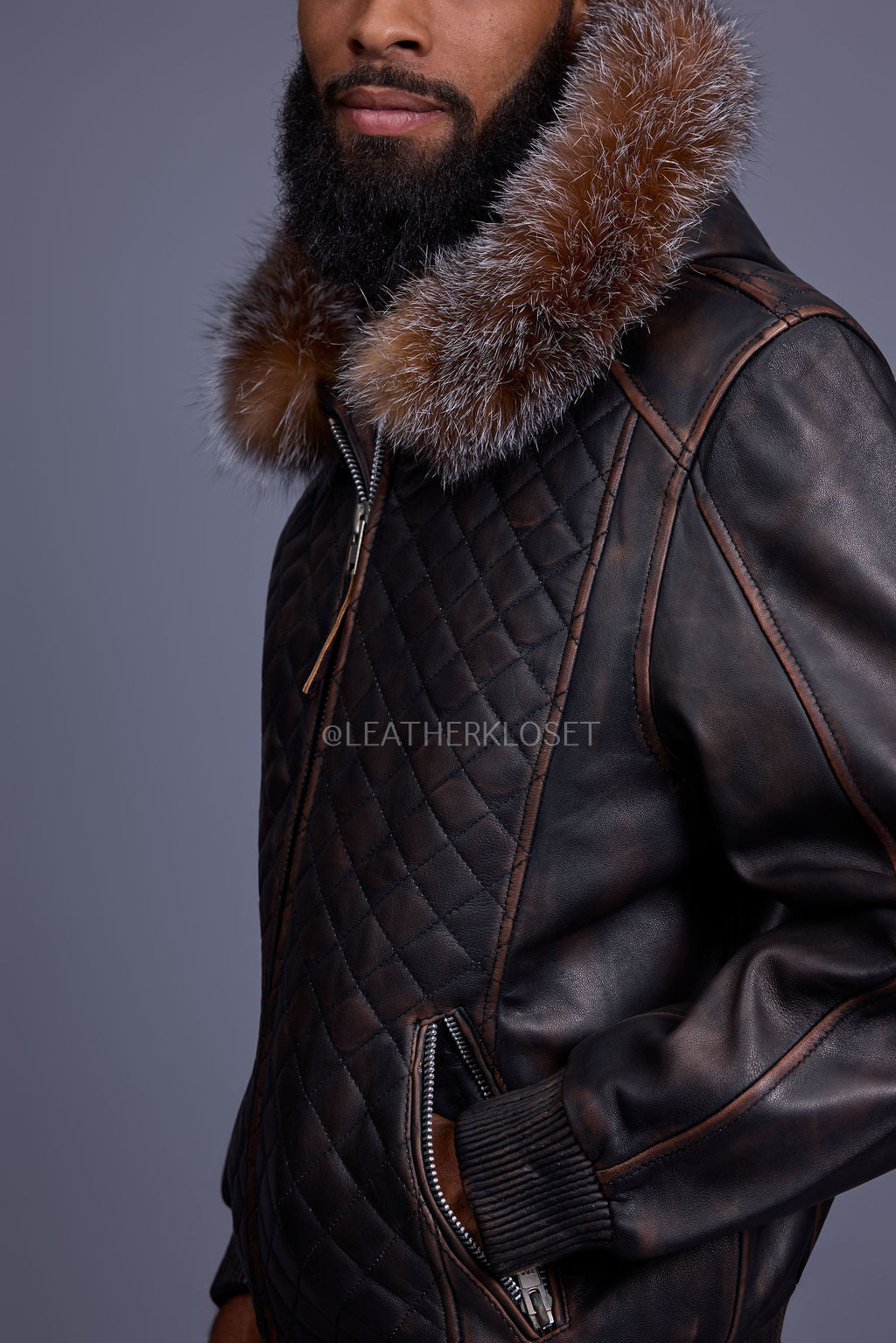 Men's Lucas Quilted Leather Bomber Jacket Hood [Copper/Crystal]