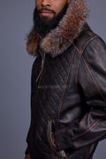 Men's Lucas Quilted Leather Bomber Jacket Hood [Copper/Crystal]