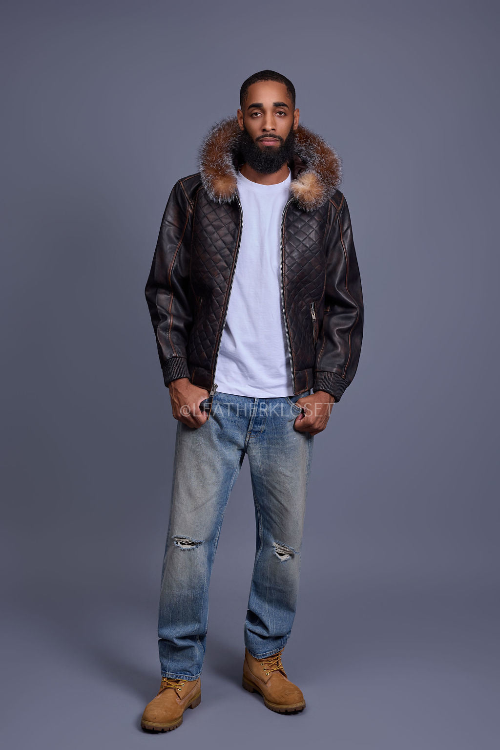Men's Lucas Quilted Leather Bomber Jacket Hood [Copper/Crystal]