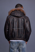 Men's Lucas Quilted Leather Bomber Jacket Hood [Copper/Crystal]