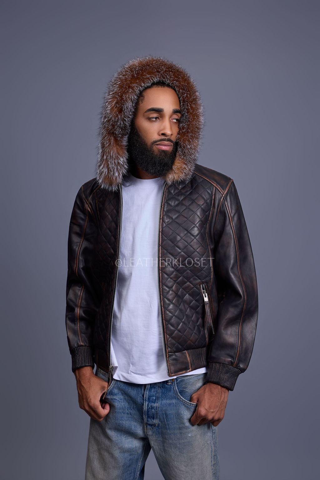 Men's Lucas Quilted Leather Bomber Jacket Hood [Copper/Crystal]