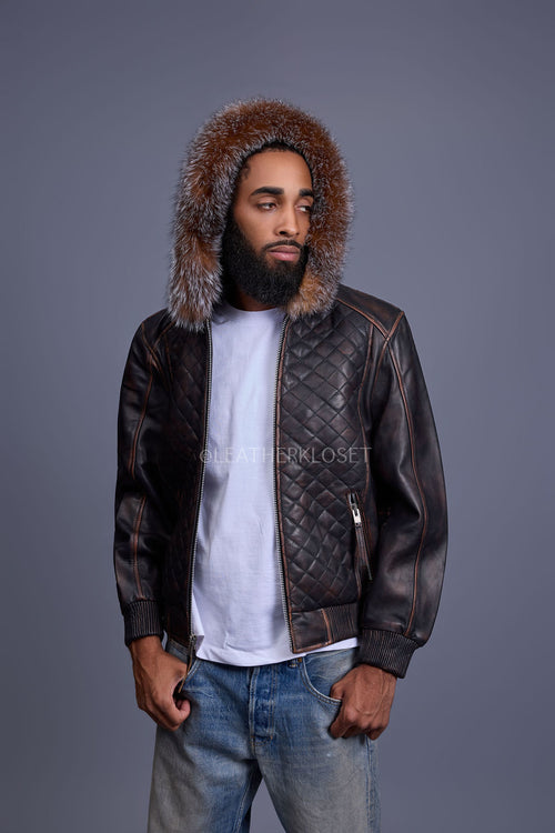 Men's Lucas Quilted Leather Bomber Jacket Hood [Copper/Crystal]