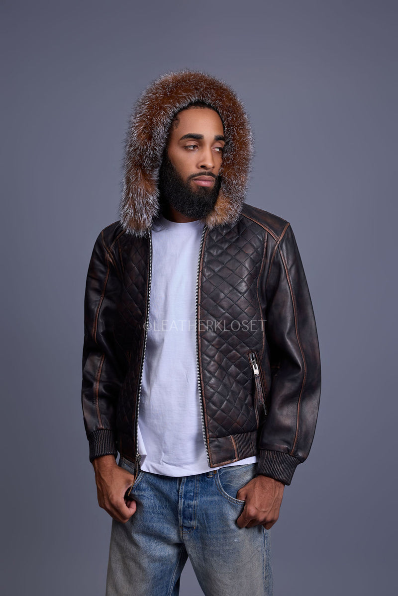 Men's Lucas Quilted Leather Bomber Jacket Hood [Copper/Crystal]