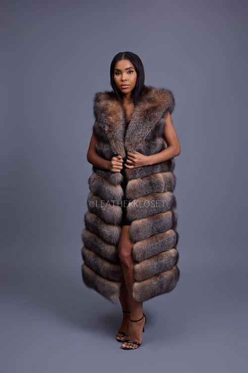 Women's Pippa Long Fox Fur Vest With Hood [Crystal]